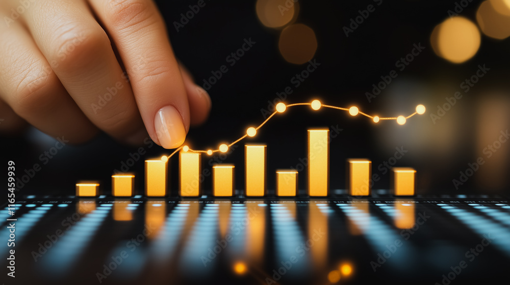 Poster hand is pointing at a graph with a downward trend. the graph is on a tablet or computer screen