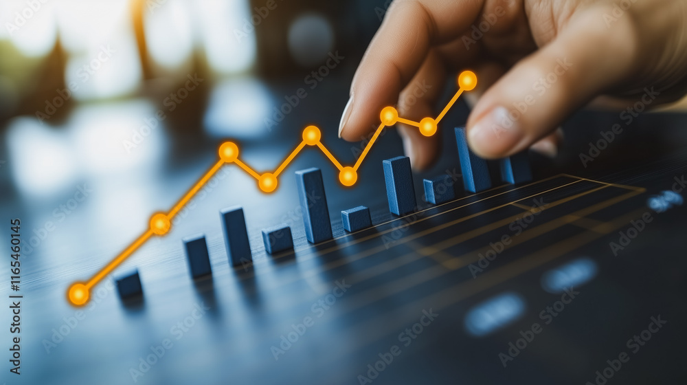 Poster person is touching a graph with a blue line and orange dots. the graph is a line graph, and the blue