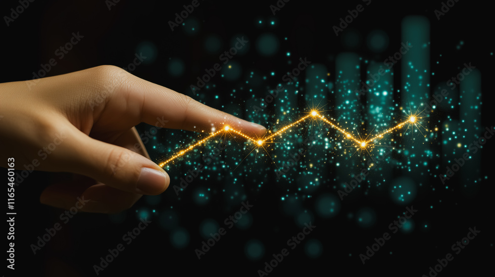 Poster hand is pointing at a graph with a line that is yellow. the graph is on a black background