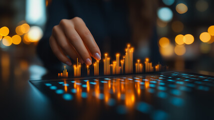 Woman is pointing at a computer screen with a glowing line graph. Concept of focus and determination as the woman examines the data on the screen