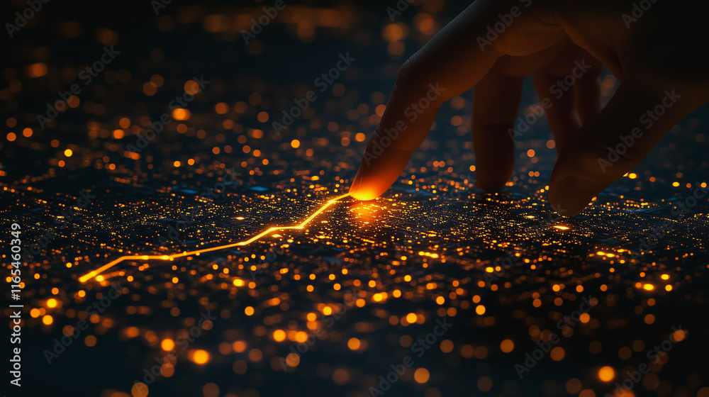 Poster hand is pointing at a glowing line in the sky. concept of wonder and curiosity, as if the viewer is 
