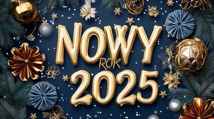 Złote napisy Nowy Rok 2025 z eleganckimi ozdobami