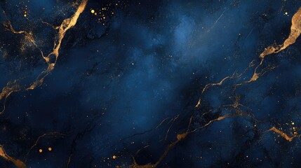 Abstract dark blue marble texture with gold splashes, blue luxury background