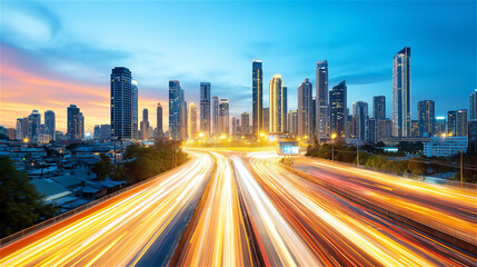 A bustling city at dusk captured with light trails from speeding vehicles, skyscrapers glowing in the background. The image conveys urban energy and progress.