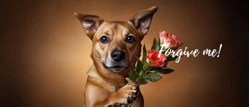 Entschuldige, Hund mit Rosen, vers&ouml;hnlicher Blick, Stockfoto