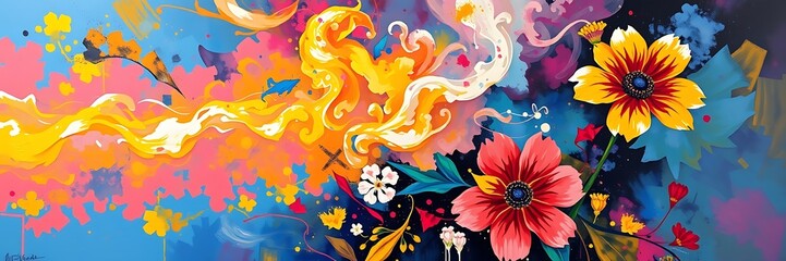 Obraz premium Vibrant and Colorful Watercolor Illustration of Blooming Flowers in a Scenic Panoramic Layout