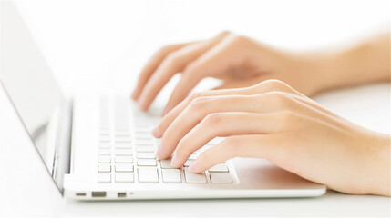 A pair of hands typing on a white keyboard, symbolizing productivity, modern technology, and digital communication.