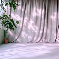 Serene Studio Background  Pastel Purple Drapes  Plant  Soft Light