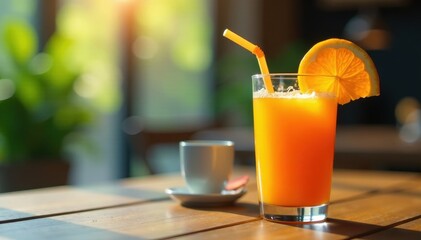 A glass of orange juice with a straw in it on a wooden table beside a cup, juice, container