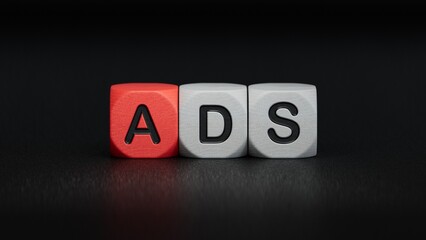 wooden cubes with a word ADS, with space to copy the text.close up of wooden elements,Business Concept.3D rendering on black background.