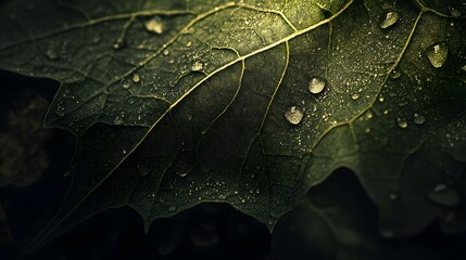Fototapeta premium Close-Up View of Green Leaf with Intricate Veins and Water Droplets