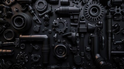 Dark Industrial 3D Render with Vehicle Elements on Black Background