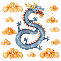 Traditional Chinese Dragon Coiling Through Clouds