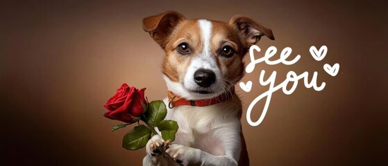 Jack Russell Terrier mit Rose, Bis bald  Romantische Hundebilder für Valentinstag