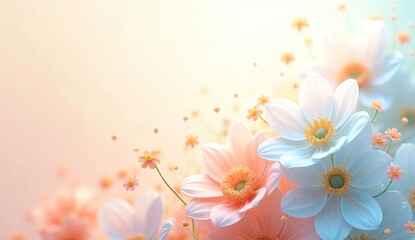 Fototapeta premium Abstract banner, greeting card, springtime. Dreamy and ethereal arrangement of pastel flowers, soft coral, peach, and light blue petals on a gentle background of cream and light blue. 