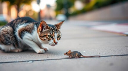 The cat and mouse are looking at each other.