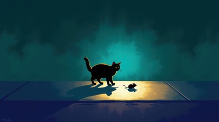 The cat and mouse are looking at each other.