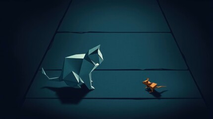 The cat and mouse are looking at each other.