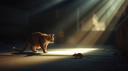The cat and mouse are looking at each other.