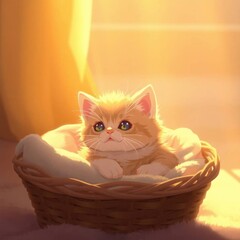 Fluffy brown kitten in a basket