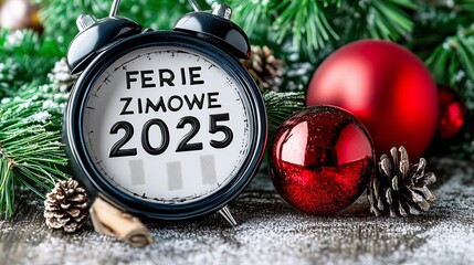 Zegar i świąteczne dekoracje z napisem Ferie zimowe 2025 © Grzegorz Kuczynski