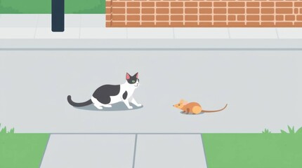 The cat and mouse are looking at each other.