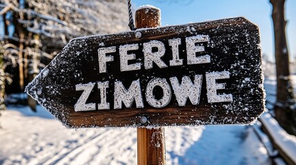 Fototapeta premium Drewniany znak pokryty śniegiem z napisem Ferie zimowe