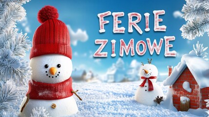 Bałwan w czerwonej czapce na tle zimowej wioski