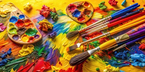 Fototapeta premium A vibrant palette of colors, paintbrushes, and splatters, showcasing the chaos and beauty of artistic creation.