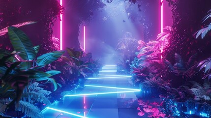 Glowing neon lights create a vibrant pathway through lush tropical foliage in a futuristic jungle setting, blending nature and technology