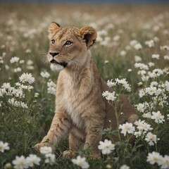 Fototapeta premium A lion cub playing in a field of white flowers under a soft pastel sky.