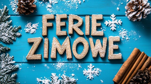 Drewniane litery Ferie Zimowe na niebieskim tle