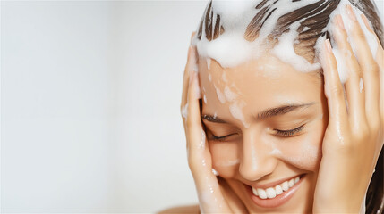 Naklejka premium Woman massaging shampoo into her hair, emphasizing relaxation and self-care. Foamy bubbles and natural tones create a clean, calming visual.