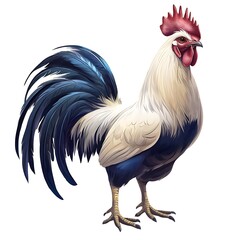 Fototapeta premium Majestic Rooster with Blue and White Feathers, Digitally Painted Illustration.