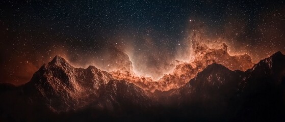 Majestic Mountains Under Starry Night Sky  Cosmic Landscape  Nebula  Galaxy
