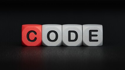wooden cube block with CODE business word.close up of wooden elements,Business Concept.3D rendering on black background.