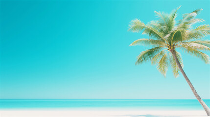 Fototapeta premium A tall palm tree against a vivid blue sky, symbolizing tropical vibes and sunny weather. Perfect for themes of relaxation and exotic travel.