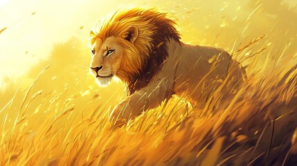 A lion prowling through the tall grass at dawn, its golden mane blending with the early sunlight.