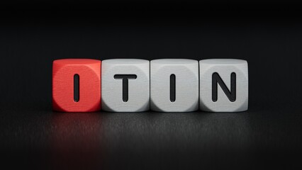 wooden cube block with ITIN business word.close up of wooden elements,Business Concept.3D rendering on black background.