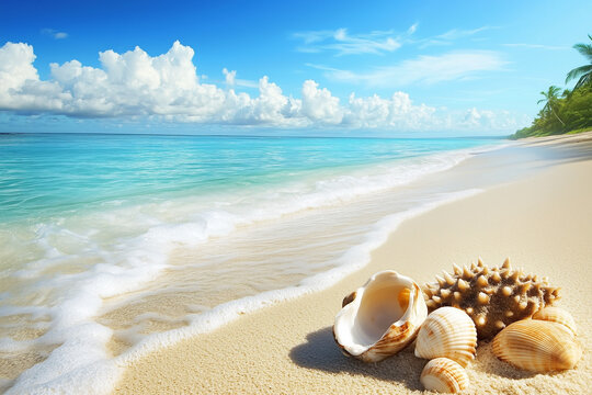 A sandy beach with fine shells scattered