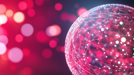 Close-up of a vibrant, abstract digital sphere with interconnected nodes and glowing red and purple lights, symbolizing connectivity and modern technology concepts.