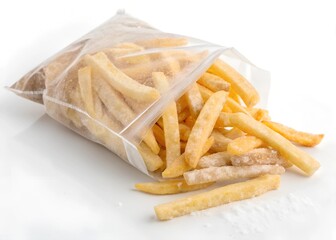 
frozen french fries in a transparent bag, on a white background