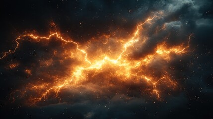 Obraz premium Fiery orange lightning bolt in dark clouds.
