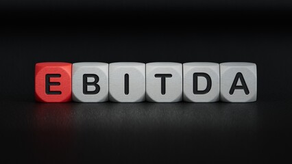 wooden cube block with EBITDA business word.close up of wooden elements,Business Concept.3D rendering on black background.