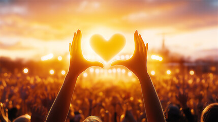 Hands forming a heart shape in front of a vibrant sunset at a music festival. A symbol of love, unity, and celebration in a lively outdoor setting.