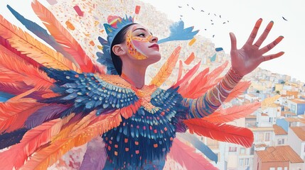 Fototapeta premium Vibrant feathered costume: woman embracing creativity and urban expression