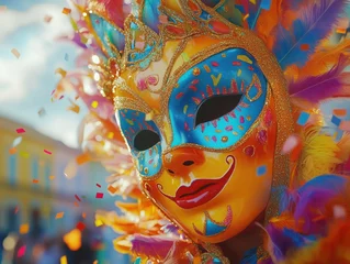 Vibrant carnival mask with colorful feathers and confetti during a lively parade