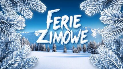 Zimowy krajobraz z widokiem na góry i napis Ferie Zimowe © Grzegorz Kuczynski
