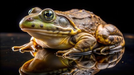 A close-up of a frog with vibrant green and brown markings, its large, golden eyes gazing upwards, reflecting in the glistening water beneath it.