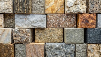 Fototapeta premium A close-up of a wall made from natural stone blocks, showcasing a variety of textures and colors, including gray, white, brown, black, and beige.